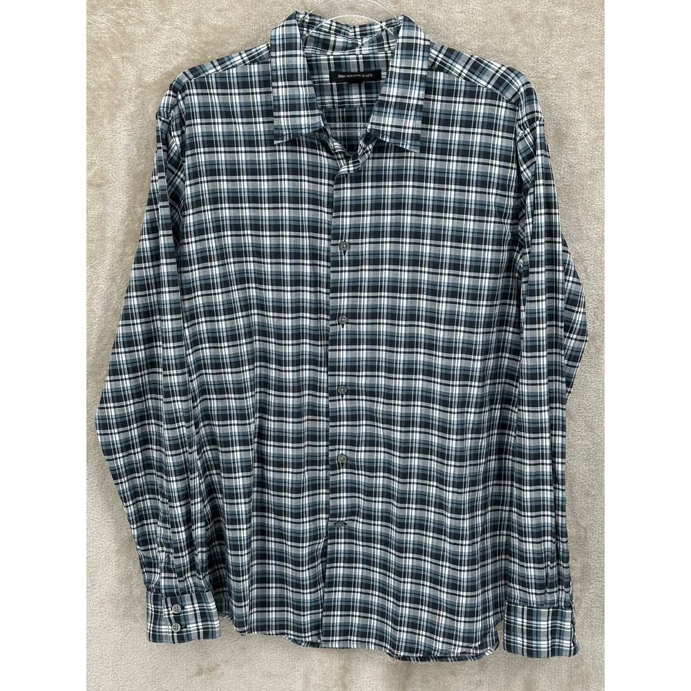 John Varvatos Shirt Men Large Black Blue Plaid Button Up Long Sleeve 100% Cotton